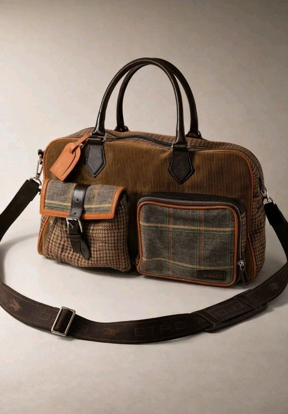 Etro Milano Weekender Duffle Bag Corduroy Tweed Plaid Leather Trim Italy